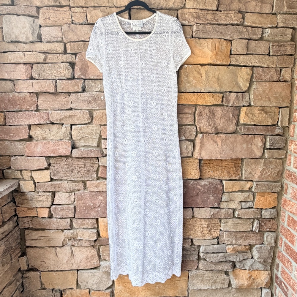 VTG 90's AGB Byer California Womens 10 Maxi Dress White Lace Mesh Sheer Floral